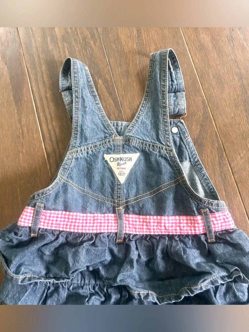 Osh Kosh B’Gosh Denim W/ Pink Gingham Bib Overall Jumper Dress Ruffle Tier- 4T